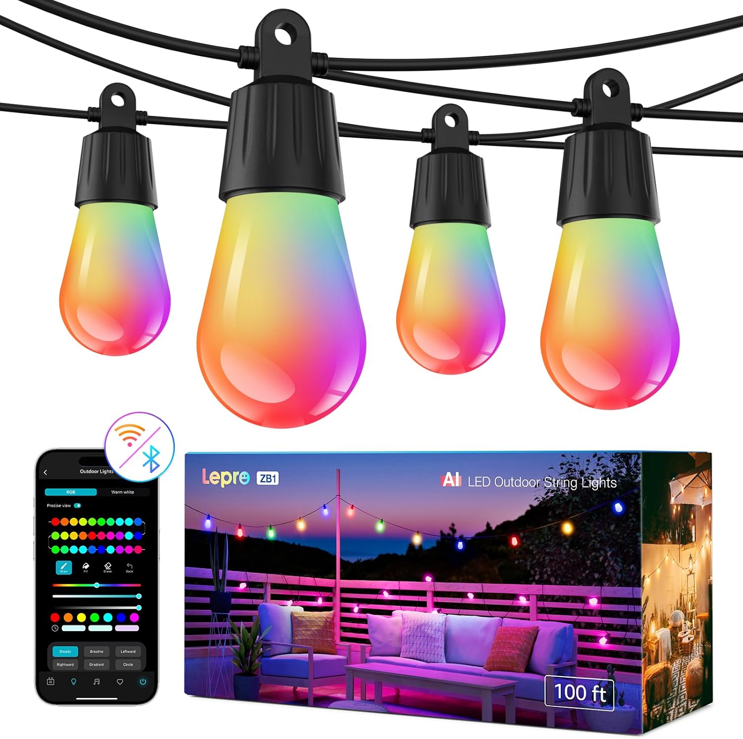 100ft String Lights RGB+Warm White (Outdoor/Indoor)